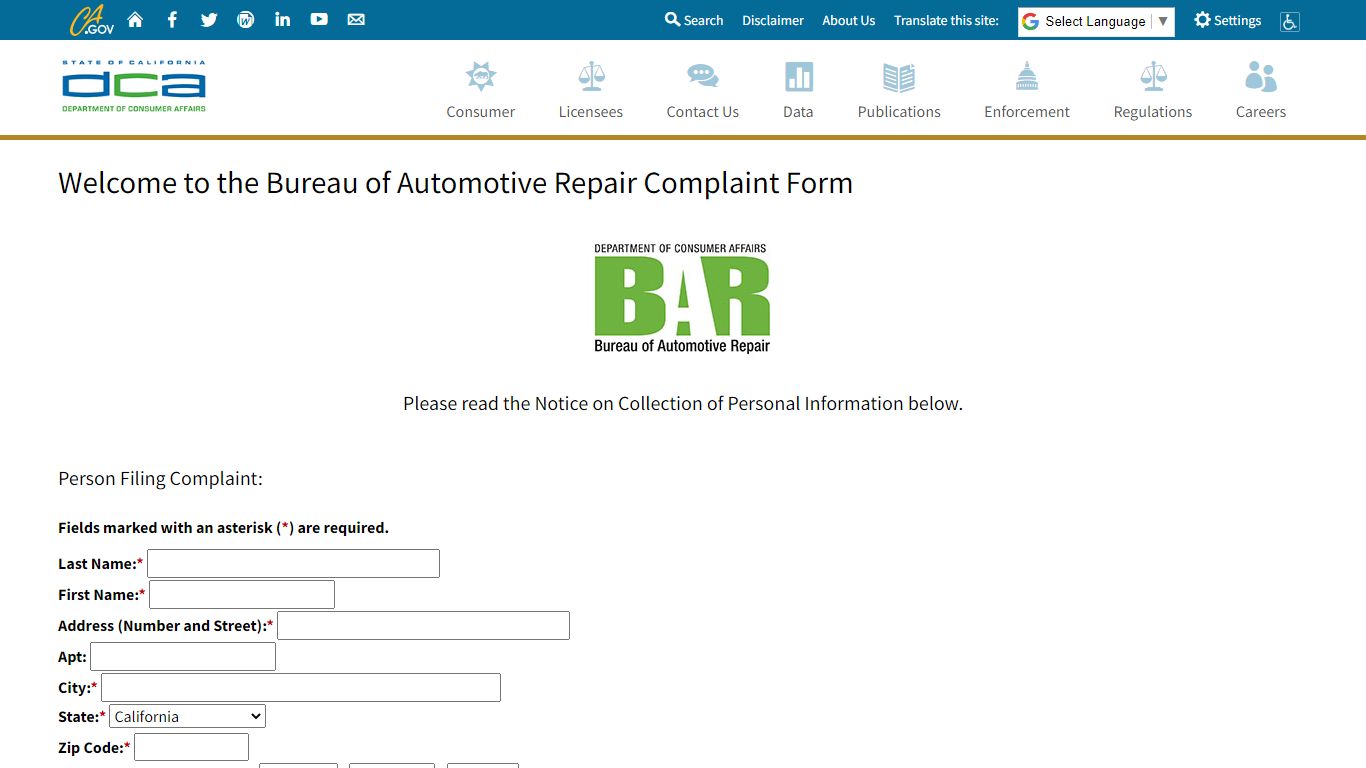 Welcome to the BAR Online Complaint Form - California Department of ...